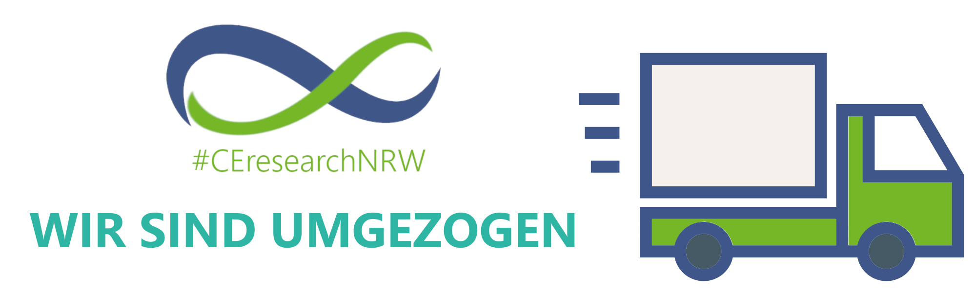 Das Bild Zeigt einen LKW der davon fährt. Daneben steht das LOGO von #CEresearchNRW und darunter steht: WIR SIND UMGEZOGEN